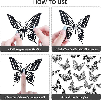 SAOROPEB 3D Butterfly Wall Decor 48 Pcs 4 Styles 3 Sizes, Gold Butterfly Decorations for Butterfly Birthday Decorations Butterfly Party Decorations Cake Decorations, Removable Stickers (Black)
