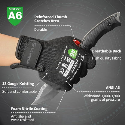 FreezeGuard Winter Work Gloves for Men and Women, ANSI A6 Cut Resistant Gloves With Super Grip, Freezer Glove for Work, Touchscreen, Thermal Insulated, PR3388, Non PFAS, Black Knight (L, 1 Pair)