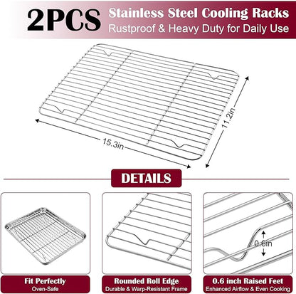 E-far Baking Sheet with Wire Rack (2 Pans + 2 Racks), Stainless Steel Cookie Sheets Pan & Cooling Rack for Baking Cookies/Jelly Rolls, Non Toxic & Heavy Duty, Oven & Dishwasher Safe, 16 x 12 x 1 Inch
