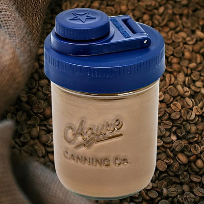 Brewing America Creamer Jar with Pouring Lid, 1 Pint (16 oz) Azure Mason Jar with Blue Wide Mouth Pour Lid for Milk, Sugar, and Cream, 1-Pack (Old Glory Blue)