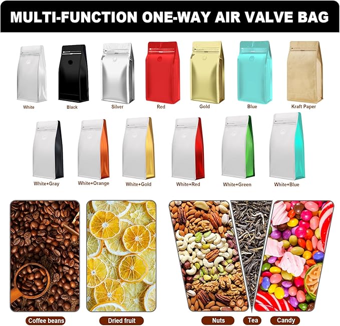 Coffee Bags with Valve(60pcs,8 oz,1/2 lb) Vented Coffee Beans Packaging Bags High Barrier Aluminumed Foil Flat Bottom Heat Sealed Side Zipper Resealable Storage Bag for Home or Business（White+Blue）