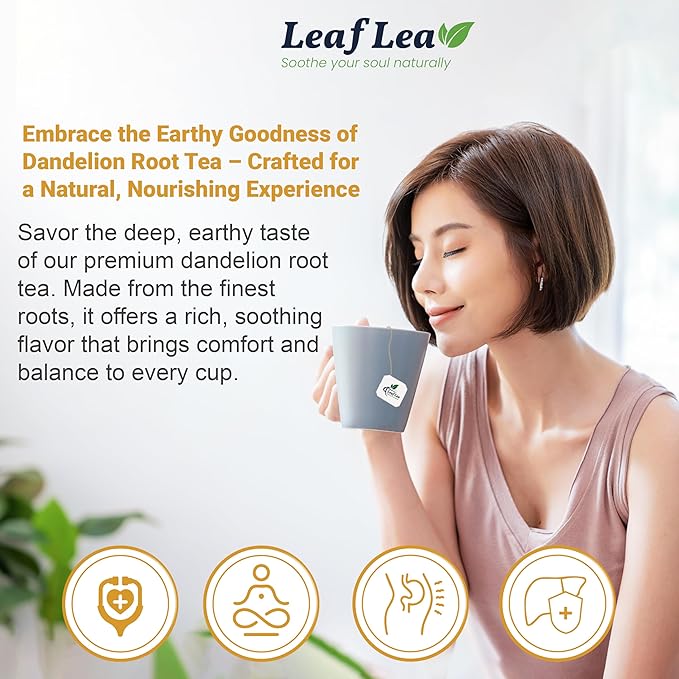LeafLea Dandelion Root Tea Bags, 240 Count, Natural Dandelion Root Herbal Tea Blend, Supports Digestive and Immune Health, Caffeine-Free, Sugar-Free, Vegan, Gluten-Free, Pack of 6