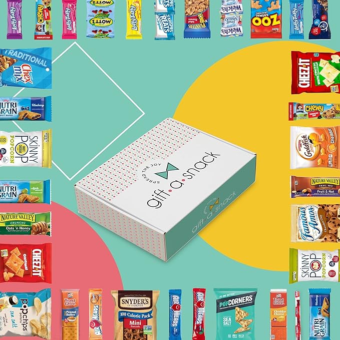 Gift A Snack - Christmas Candy Stocking Stuffers, Pre-filled Holiday Snack Box Care Package + Greeting Card (45 Count) Sweet Treats Gift Basket, Candies Chips Food Assortments & Variety Gifts