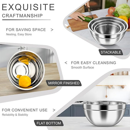 HaWare Mixing Bowls with Airtight Clear Lids, 6-Piece Stainless Steel Strong Nesting Bowls Set, Metal Salad Bowl for Cooking, Prepping, Baking, Serving & Food Storage, Size 4.6, 3, 1.5QT, Khaki