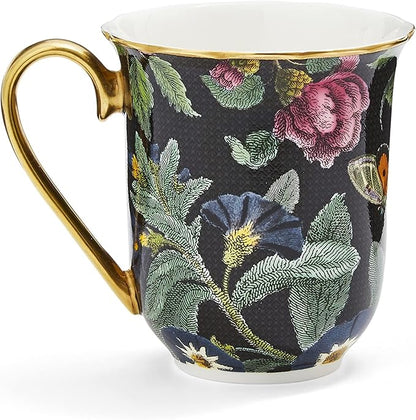 Spode Creatures of Curiosity 12oz Fine China Mug, Black Floral Pattern - Porcelain Tea & Coffee Cup with 22ct Gold Handle and Rim - Elegant Vintage Inspired Drinkware, Boxed for Gifting