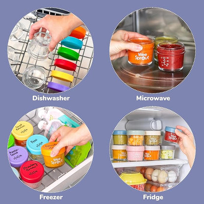 WeeSprout Glass Baby Food Storage Jars w/Lids (4 oz, 6 Pack Set) Snack, Puree, Reusable Small Containers, Breast Milk, Fridge or Freezer, Microwave & Dishwasher Safe, Essential Must Have for Infants