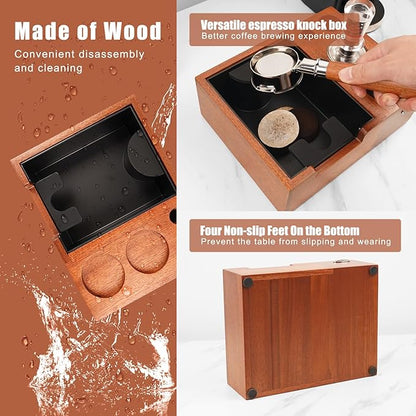 IKAPE Espresso Knock Box, Espresso Coffee Organizer Box Fit for Storage 51, 54, 58MM Espresso Tamper, Distributor, Portafilter & Puck Screen Accessories, Natural Sandywood Station Base
