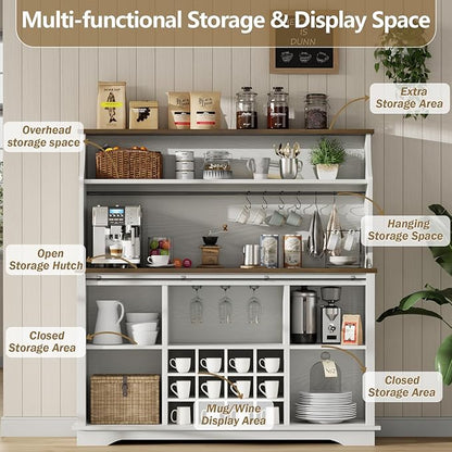 55 Inch Farmhouse Coffee Bar Cabinet with 3-Tier Storage, Kitchen Hutch with 12 Wine Racks & 3 Glass Holders, Coffee Bar with 6 Hooks, Wine Bar Cabinet for Dining Living Room, White