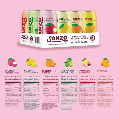 Sanzo Flavored Sparkling Water Variety Pack - Yuzu Lemon Soda, Calamansi Lime Seltzer Water, Pomelo Grapefruit Soda, Mango Sparkling Drink, Lychee Carbonated Drinks, Mandarin Orange - 12oz, 12 Pack