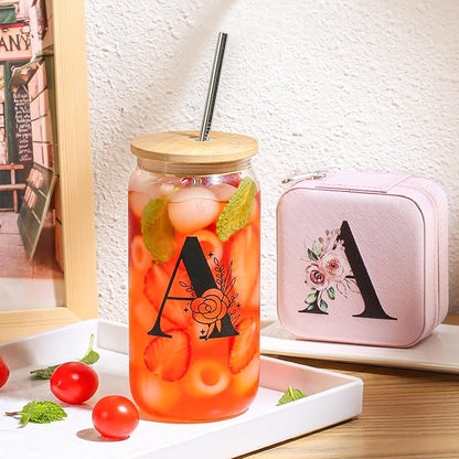AYGXU Initial glass cups with lids and straws,Small Jewelry Box for Girls,Small Jewelry Organizer Box,Cute Tumbler Cup,Travel Gifts for Women,Travel Essentials, Initial V pink