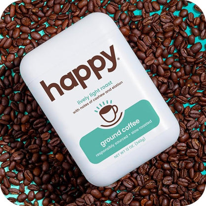 happy coffee light roast ground coffee, 12 oz., notes of cashew & elation, recyclable container, grown & harvested in Colombia, Brazil & Guatemala
