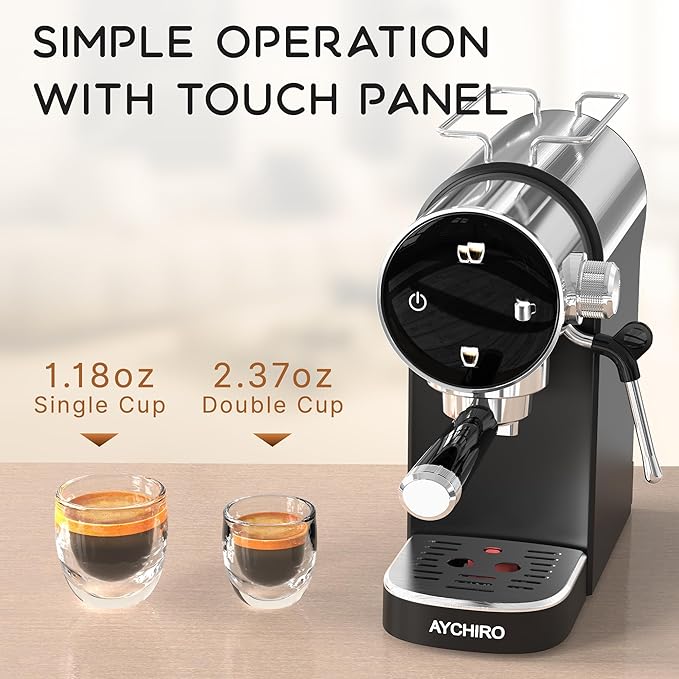 20 Bar Espresso Machine, Compact Espresso Maker with Milk Frother, Touchscreen Latte Maker with Detachable Drip Tray/Water Tank, Built-in Handle for Home and Office Use
