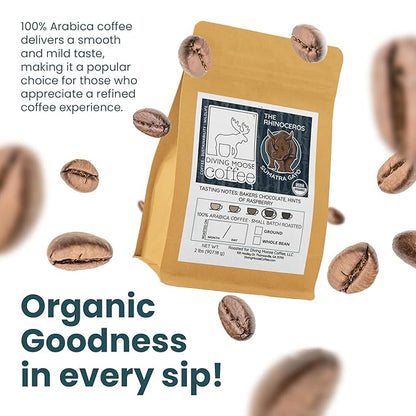 Diving Moose Coffee - The Rhinoceros Sumatra Gayo USDA Organic Medium Dark Roast (32oz / 2 LB) - Bakers Chocolate Raspberry Specialty Grade Small-Batch Roasted to Order Smooth Not Bitter