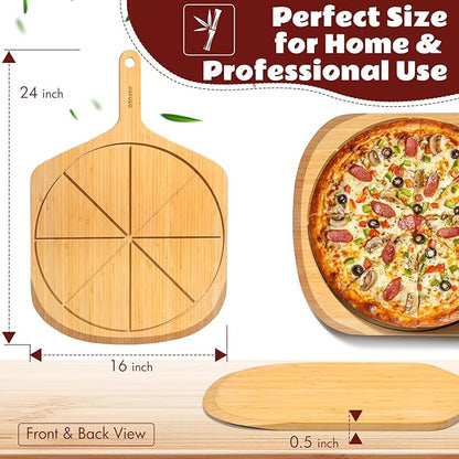 Wood Pizza Peel 16 Inch Pizza Paddle Spatula Serving Board Bamboo Pizza Cutting Boards with 8 Slice Grooves and Handle for Kitchen Oven Pastry Pizzas