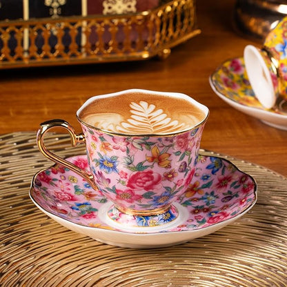 KAMMAK Tea Cups and Saucers Set of 2, Porcelain Coffee Cups with Saucer for Espresso, Cappuccino, 6.3oz Vintage Pink and Yellow Ceramic Demitasse Mug for Home, Tea Party, Office