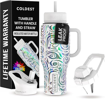 Coldest 40 oz Tumbler with Handle and Straw, 100% Leak Proof Insulated Tumbler with Lid and Straw (3 Lids), Stainless Steel Tumblers for Women & Men, Cup Holder Friendly, 36 oz (Snowstorm Spiral)