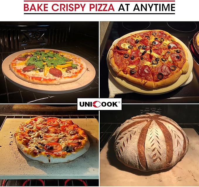 Unicook Small Pizza Stone 10.25 Inch for Oven and Grill, Round Baking Stone, Thermal Shock Resistant Cordierite Oven Pan with Plastic Dough Scraper, Ideal for Cooking Pizza, Bread