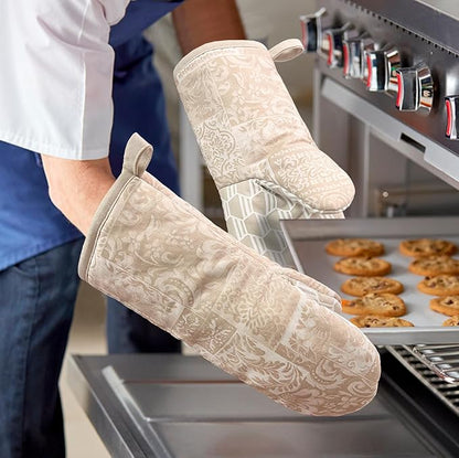 Thumb Oven Mitts, Heat and Slip Resistant Silicone Kitchen Mittens 2-Pack Set, Khaki Patchwork Flower Soft Long Oven Gloves, Flexible Thick Potholders for Safe Baking Cooking and Grill(Khaki)