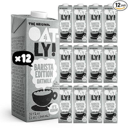 Oatly Barista Edition Oat Milk - Crafted for Coffee | Dairy-Free, Plant-Based, Shelf-Stable Milk that makes Perfect Foam (32 oz, 12-pack)