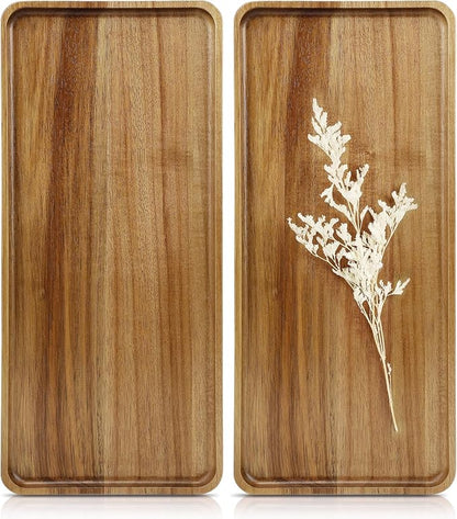 2 pcs 15.7" x 7" Large Solid Acacia Wood Serving Trays Rectangular Wooden Serving Platters Natural Wooden Boards for Bar Coffee Party
