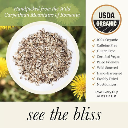 Wild Bliss Organic Wild Raw Dandelion Root Tea - Pharmacopoeia Quality Caffeine Free Herbal Detox Support - 75 Plant Based Tea Bags
