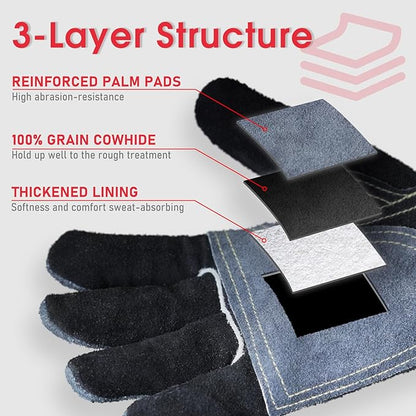 YESWELDER Leather Work Gloves for Men or Women，Suitable for welding | gardening |construction etc. Cowhide leather with cotton lining, wrist closure, grippy and durable.Reinforced palm,Black-gray M