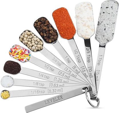 Smithcraft Measuring Spoons Set of 9 with Leveler, Metric & US 18/8 Stainless Steel Measuring Spoons Set for Baking&Kitchen, Metal Long Handle Measuring Spoon for Spice, Nesting Measure Spoon Fit Jar