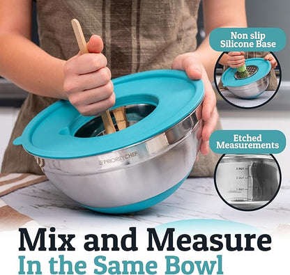 Priority Chef 6Pc Large Mixing Bowls With Lids Set with Non-Slip Bases, Stainless Steel Mixing Bowl Set, 6 Airtight Lids and 3 Graters, Turquoise