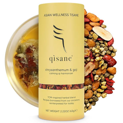 qìsane Chrysanthemum Tea Bags with Organic Dried Goji Berries - Dried Chrysanthemum Flowers, Dried Longan Fruit & Jujube Dates - Herbal Tea to Support Calmness & Well-Being - 10 sachets (~30 cups)