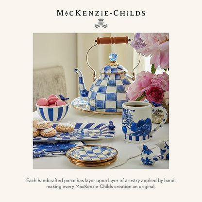 MACKENZIE-CHILDS Enamel Tea Kettle, Stylish Tea Kettle for Stovetop, Blue-and-White Royal Check, 2 Quarts