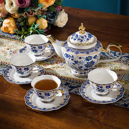 ACMLIFE Bone China Tea Set for Adults, Blue and White Tea Set for 4, Porcelain Vintage Floral China Sets for Women Party with Teapot or Gift Giving (Blue and White)