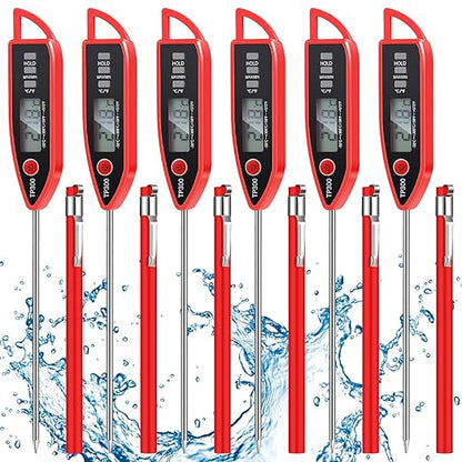 6 Set Waterproof Food Thermometer for Water, Liquid, Candle and Cooking Digital Meat Thermometer with Long Probe Instant Read for Kitchen BBQ Grill Candy (Red)