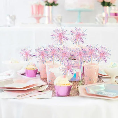 30 PCS Foil Firework Cupcake Toppers Happy Birthday Cupcake Toppers Sparkle Tinsel Flower Drink Stirrers Cocktail Fruit Toothpicks for Valentine's Day Baby Shower Party Cake Decor Supplies Pink