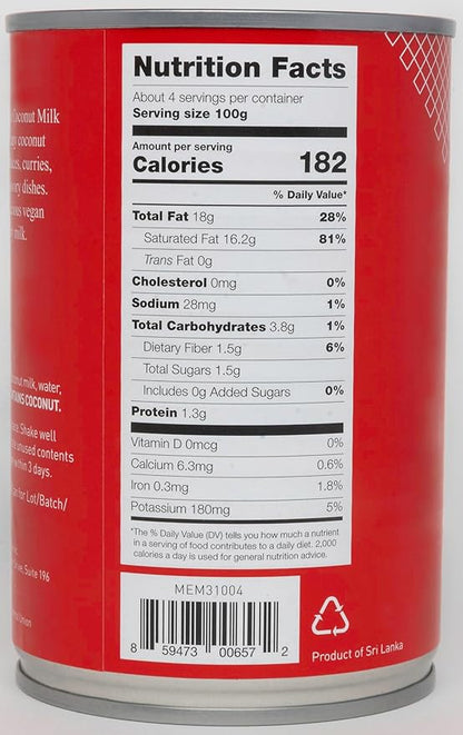 Mementa Inc Organic Coconut Milk Regular 18% - Dairy Free, Plant Based Vegan Milk, Lactose Free - 13.5 Fl Oz (Pack of 3) - Ideal for Cooking and Baking