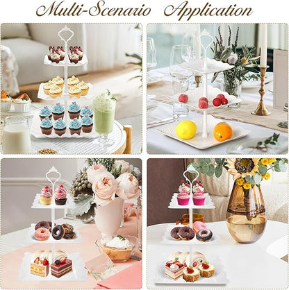3 Tier Cupcake Stand, Durable Plastic 3 Tier Serving Tray for Cupcake, Fruit, Chocolate, Cookies, Square White Embossed Tiered Tray Stand for Wedding, Baby Shower, Party