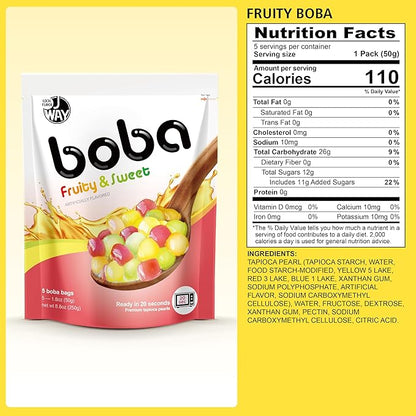 J WAY BOBA Authentic Instant Tapioca Boba Pearls for Milk Tea, Smoothies and Desserts, Tropical Fruit Flavor (Ready in Just 20 Seconds) - 5 Servings
