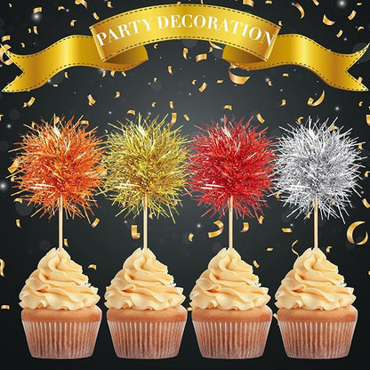 Chinco 100 Pcs Foil Firework Cupcake Toppers Sparkle Tinsel Cake Toppers Cake Decoration Cocktail Fruit Toothpick for Birthday Wedding Graduation Party (Silver, Red, Orange, Gold)