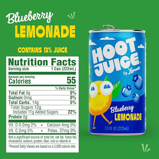 Hoot Juice Blueberry Lemonade By Lemonati, No Artificial Sweeteners or Flavors, Gluten-Free, Kosher, Non-GMO, Vegan, 7.5 Fl Oz Mini-Cans, Pack Of 24, Blueberry Lemonade