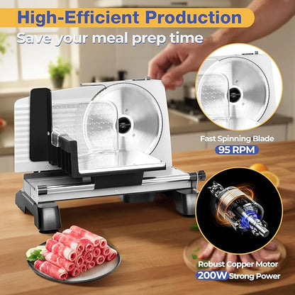 Meat Slicer 200W for Home Use, 2 Removable 7.5" Stainless Steel Blades, Electric Food Slicer with 0-18mm Adjustable Thickness, Child Lock, 1 Tray, and 1 Towel