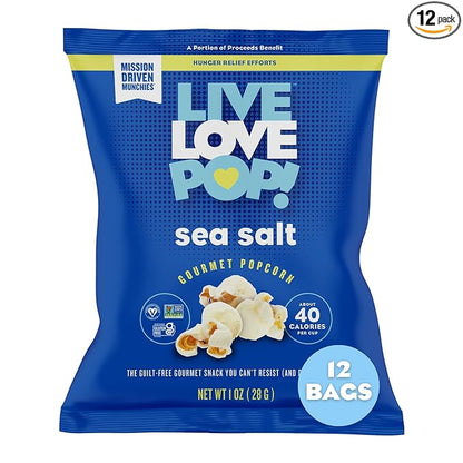 Live Love Pop Sea Salt Flavored Gourmet Popcorn, 1.0 Oz (Pack of 12), Individual Snack Size Bags, Healthy Snack, Gluten Free, Vegan & Non-GMO, Mission Driven Munchies