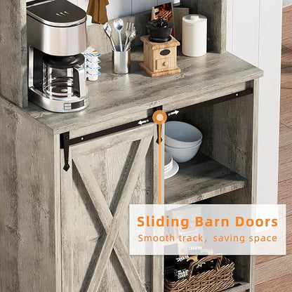 Farmhouse Coffee Bar with 3 Tier Storage Hutch, 56 Inch Small Coffee Station with 6 Hooks, Corner Bar Table with Adjustable Shelves for Living Dining Room (Grey)