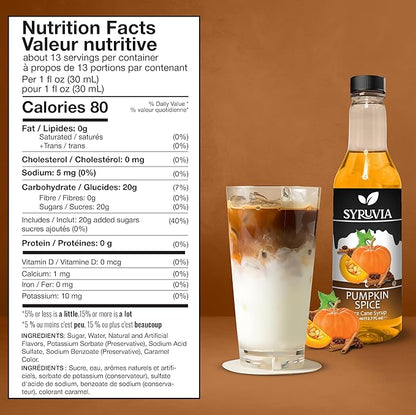 Syruvia Pumpkin Spice Coffee Syrup - 12.7 fl oz (375 ML) Premium Holiday Coffee Flavoring Syrup - Kosher Coffee Syrups, Gluten Free, No Coloring, Perfect for Drinks, Soda, Shakes, Desserts, and More.