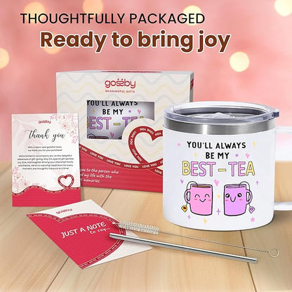 Gossby Bestie Gift for Women - 14oz BEST-TEA Insulated Tumbler Mug - Friend Tumbler Mug for Woman - Christmas, Birthday, Friendship Gift for Best Friend - Bestie Cup with Lid, Straw