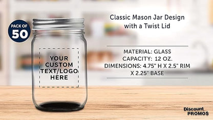 DISCOUNT PROMOS 50 Decorating Mason Jars Set, 12 oz. - Customizable Text, Logo - Canning, Aluminum Lid - Black