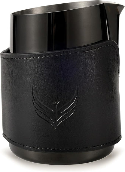 Espresso Pitcher For Latte Art Premium Handleless Design Stainless Steel Pitcher with Leather Sleeve 14oz Milk Frother Jug Gift For Espresso Lovers (Black)