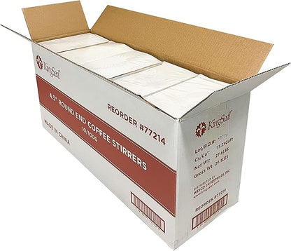 10,000 Count | KingSeal Natural Birch Wood Coffee Beverage Stirrers, Stir Sticks, Waxing Sticks, Popsicle Sticks, 4.5 Inches, Round End - 10 Boxes x 1000 Stirrers