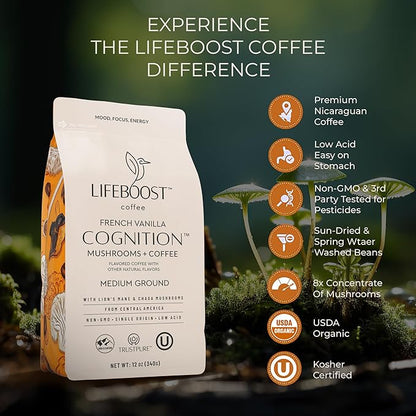 Lifeboost French Vanilla Cognition Mushroom Coffee - Low Acid Medium Organic Coffee with Nootropic Lions Mane & Chaga Mushrooms - Increase Energy, Boost Focus & Immune Support - 12 oz Bag - Ground