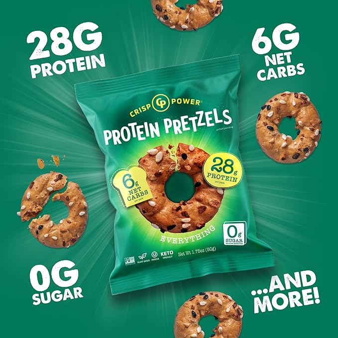 Crisp Power Protein Pretzels, Everything, High Protein Vegan Keto Snack, 28 G Plant Based Protein, Low Carb Crunchy Pretzel Snacks, No Added Sugar, No Seed Oils, 1.75 oz Bags, 24 Pack