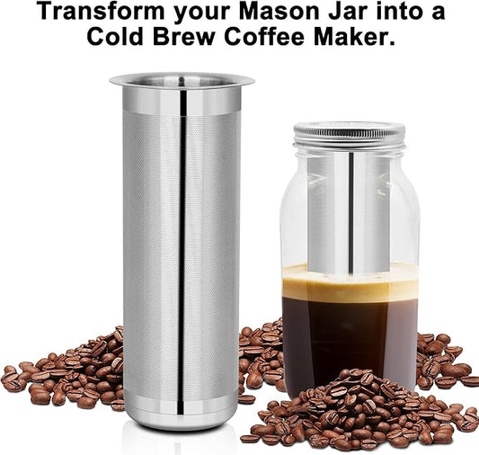 Cold Brew Coffee Filter for 1 Quart Wide Mouth Mason Jar, Double Layer 304 Stainless Steel Filter Ultra Fine Mesh for Cold Brew, Iced Coffee and Iced Tea