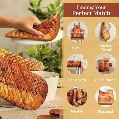Maison d' Hermine 100% Cotton Oven Mitt & Pot Holder Set (7.5"x13" & 8"x8") Heat Resistant BBQ Cooking Gloves with Loop, Baking, Grilling, Kitchen, Handling Hot Pans (Thanksgiving Tartan)